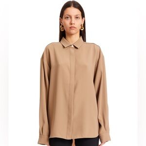 Toteme Classy Contemporary Minimalist Quiet Luxury Tan Button Down Top Medium